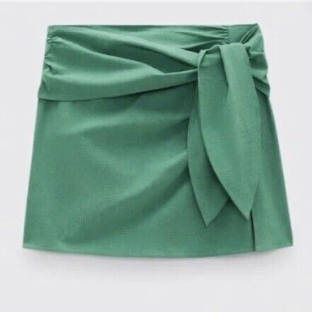 NEW Zara Green Tie- Front Bow Belt Hidden Zipper Side Women's Mini Skirt US L